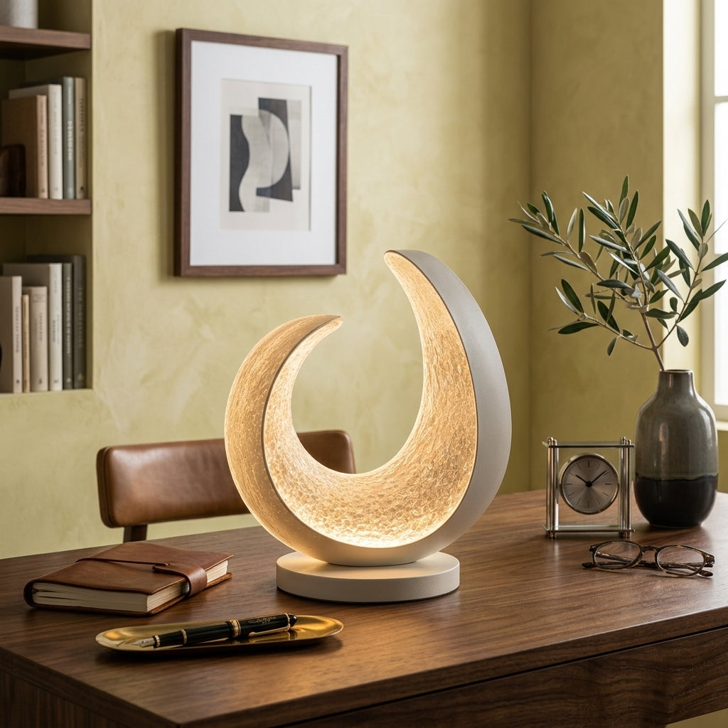 Nuvorly™ Lunar Arc Sculptural Table Lamp – Modern Crescent Ambient Light with Textured Diffuser for Bedroom, Living Room & Nightstand Décor