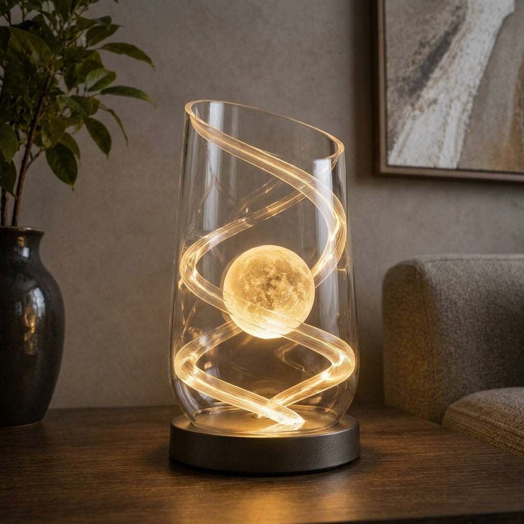 Nuvorly™ Luminous Orbit Glass Table Lamp – Spiral Halo Ambient Accent Light with Floating Moon Globe for Bedroom & Living Room