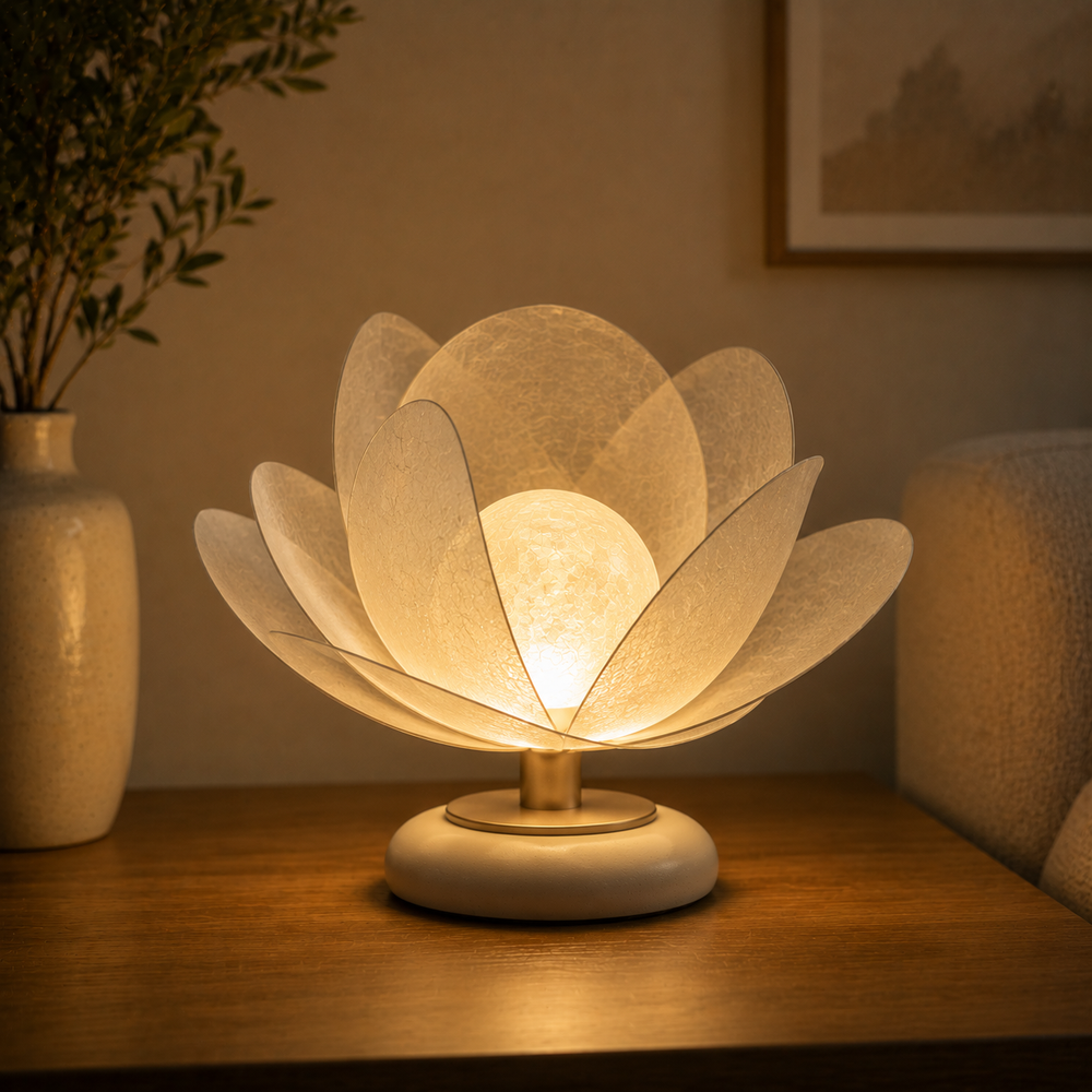 Nuvorly™ PetalGlow Sculptural Ambient Table Lamp – Artistic Bloom-Inspired Bedside Accent Light with Textured Petal Shade & Warm Cozy Glow