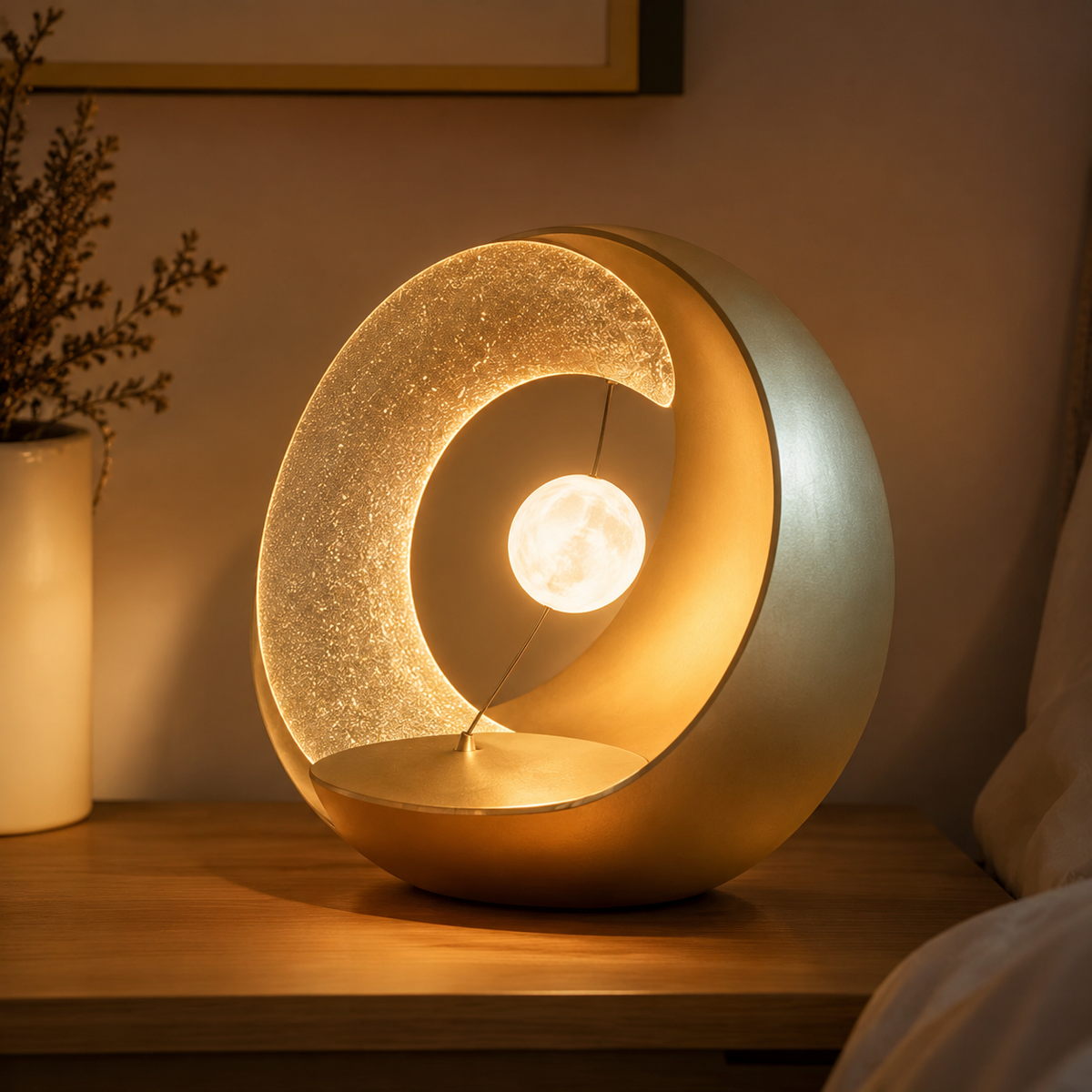 Nuvorly™ HaloMoon Orb Table Lamp – Sculptural Crescent Ring Accent Light with Floating Moon & Warm Ambient Glow