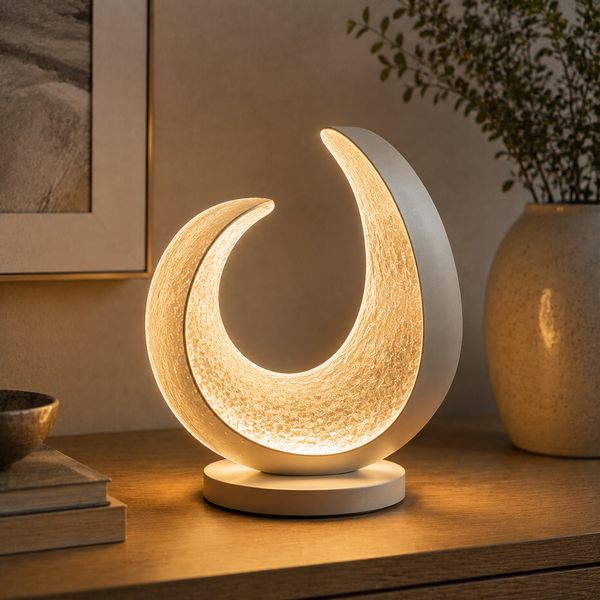 Nuvorly™ Lunar Arc Sculptural Table Lamp – Modern Crescent Ambient Light with Textured Diffuser for Bedroom, Living Room & Nightstand Décor