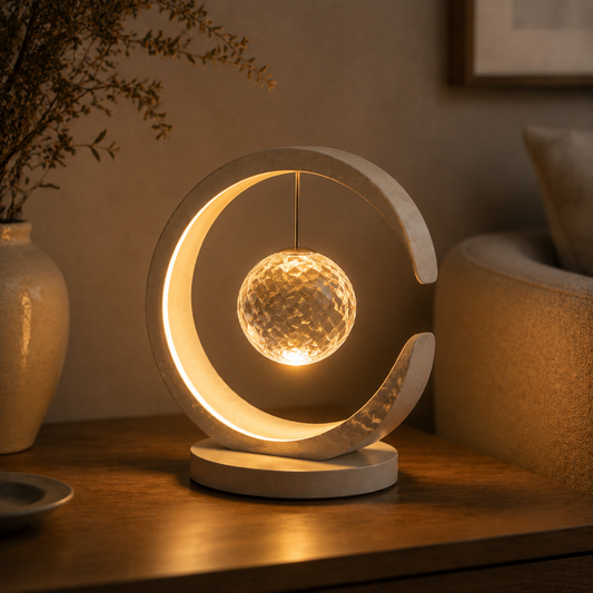 Nuvorly™ Crescent Arc Crystal Globe Table Lamp – Sculptural Warm Ambient Accent Light for Bedroom, Living Room & Nightstand