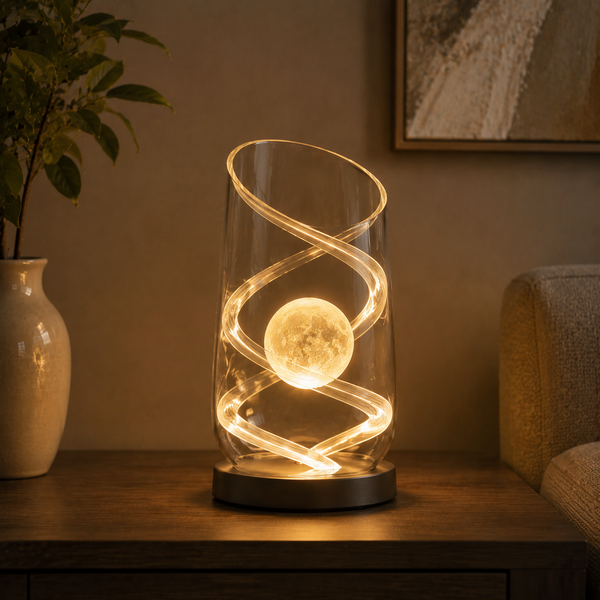 Nuvorly™ Luminous Orbit Glass Table Lamp – Spiral Halo Ambient Accent Light with Floating Moon Globe for Bedroom & Living Room