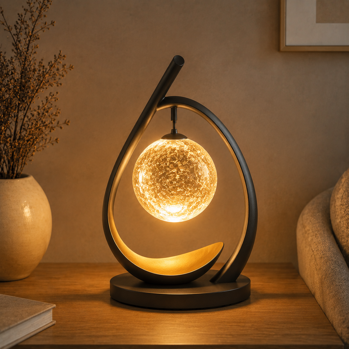 Nuvorly™ HaloArc Suspended Orb Table Lamp – Sculptural Black Frame Accent Light with Textured Glass Globe & Warm Ambient Glow