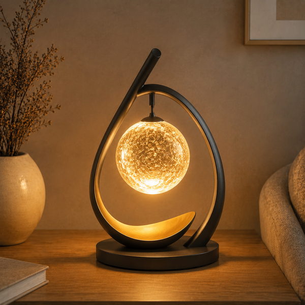 Nuvorly™ HaloArc Suspended Orb Table Lamp – Sculptural Black Frame Accent Light with Textured Glass Globe & Warm Ambient Glow
