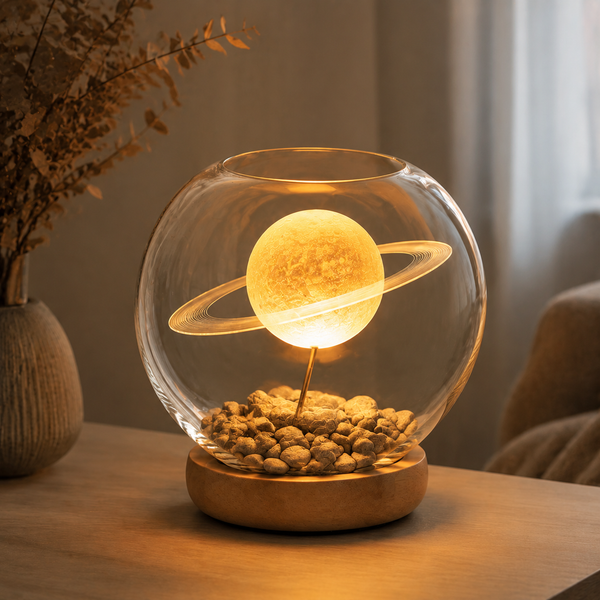 Nuvorly™ Celestial Haven Saturn Globe Table Lamp – Glass Orb Planet Accent Light with Illuminated Rings, Natural Wood Base & Warm Ambient Glow