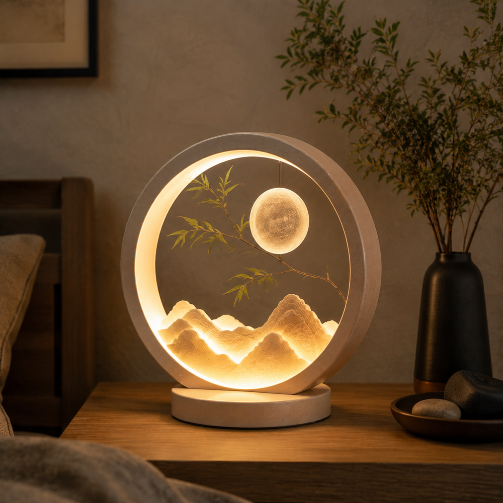 Nuvorly™ Moonridge Serenity Table Lamp – Circular Landscape Accent Light with Hanging Moon, Illuminated Mountains & Warm Ambient Glow