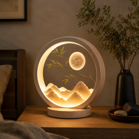 Nuvorly™ Moonridge Serenity Table Lamp – Circular Landscape Accent Light with Hanging Moon, Illuminated Mountains & Warm Ambient Glow