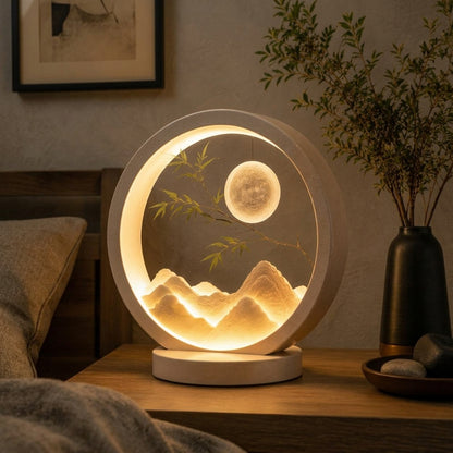 Nuvorly™ Moonridge Serenity Table Lamp – Circular Landscape Accent Light with Hanging Moon, Illuminated Mountains & Warm Ambient Glow