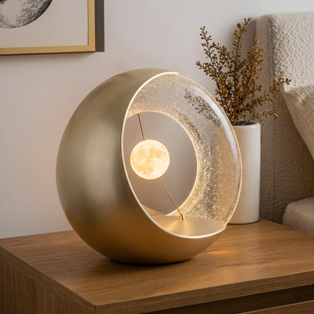 Nuvorly™ HaloMoon Orb Table Lamp – Sculptural Crescent Ring Accent Light with Floating Moon & Warm Ambient Glow
