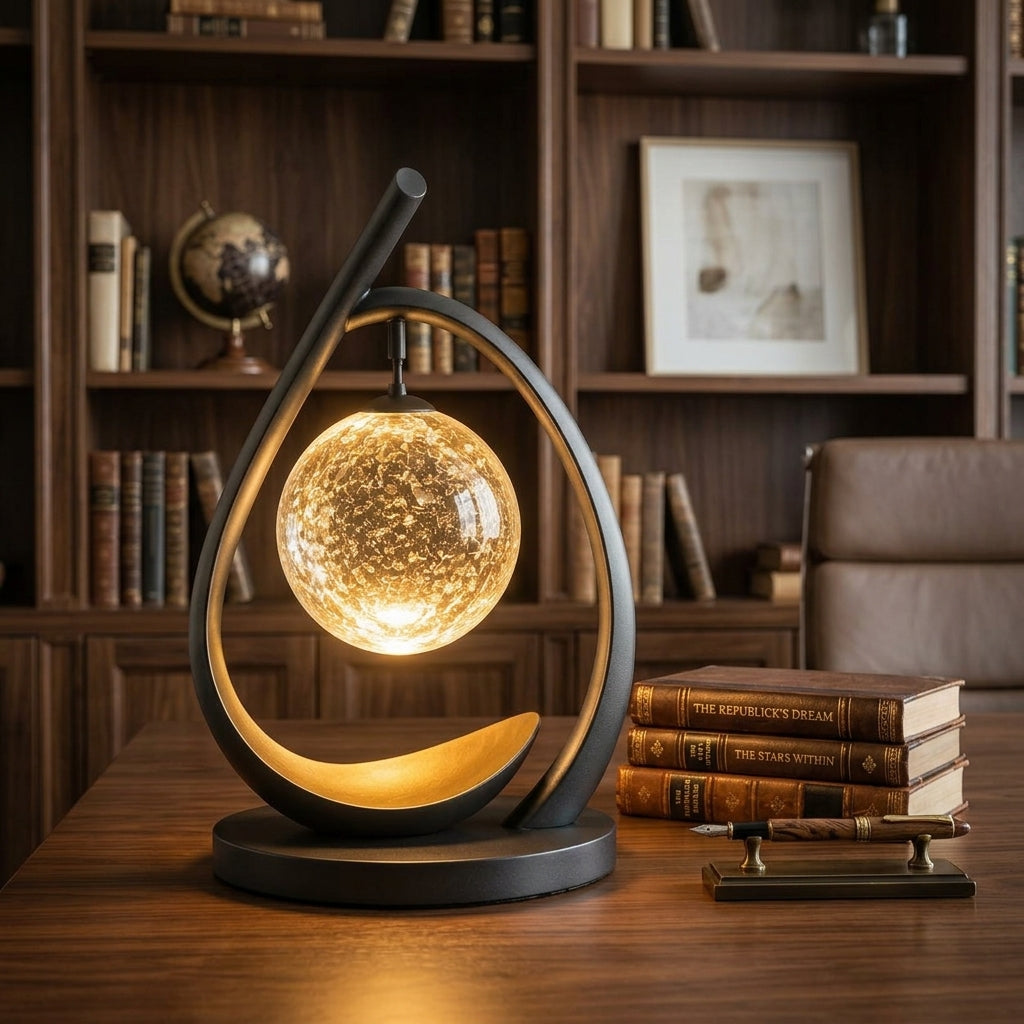 Nuvorly™ HaloArc Suspended Orb Table Lamp – Sculptural Black Frame Accent Light with Textured Glass Globe & Warm Ambient Glow