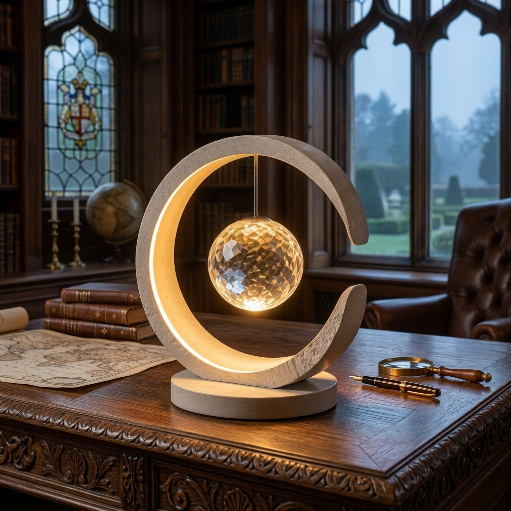 Nuvorly™ Crescent Arc Crystal Globe Table Lamp – Sculptural Warm Ambient Accent Light for Bedroom, Living Room & Nightstand