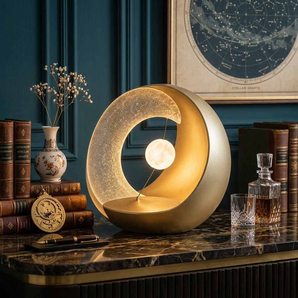 Nuvorly™ HaloMoon Orb Table Lamp – Sculptural Crescent Ring Accent Light with Floating Moon & Warm Ambient Glow