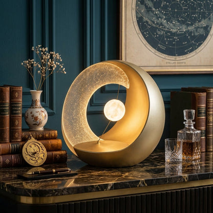 Nuvorly™ HaloMoon Orb Table Lamp – Sculptural Crescent Ring Accent Light with Floating Moon & Warm Ambient Glow